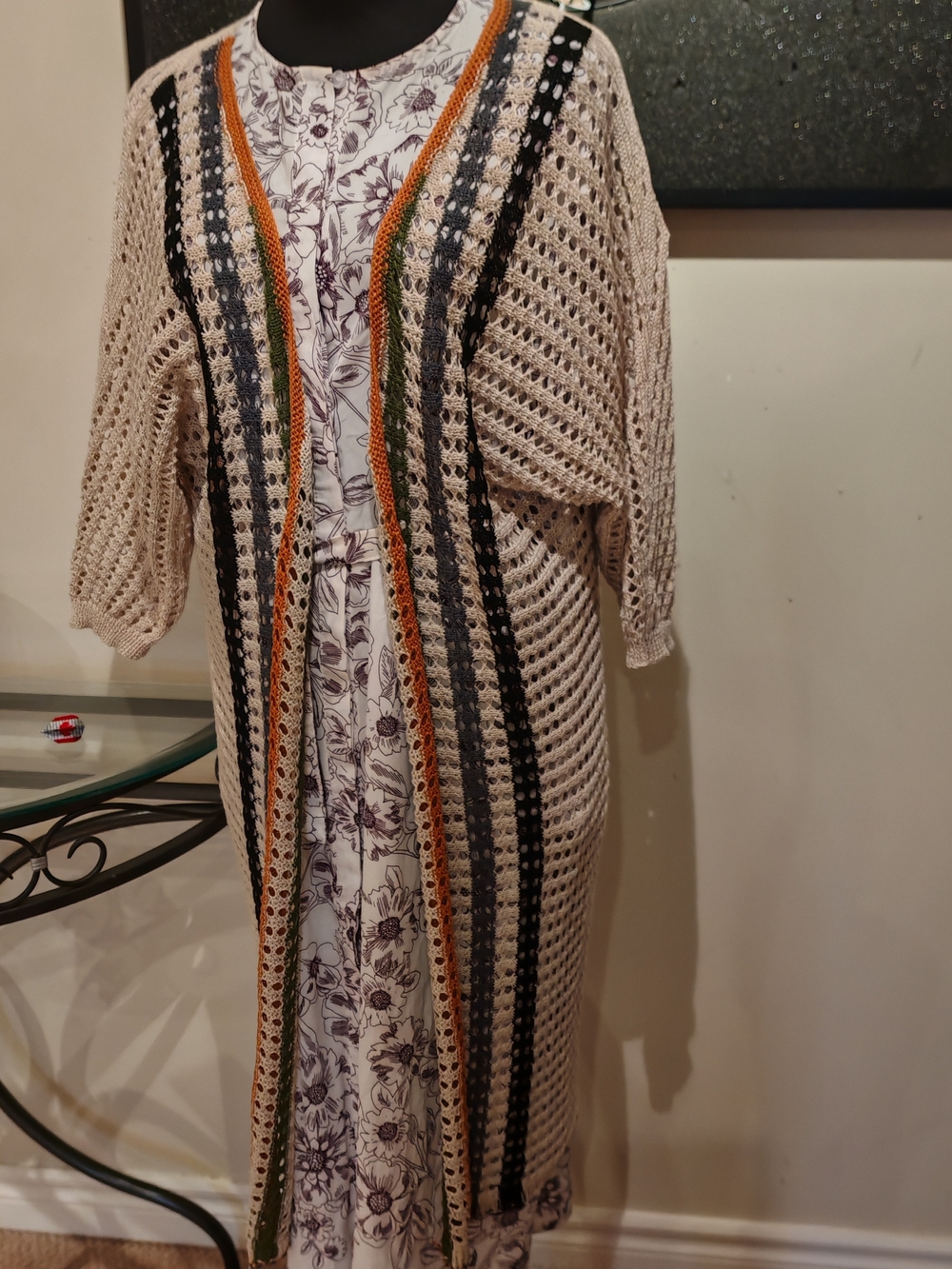 Crochet Duster Cardigan with Striped Accents - Picture 4 of 11